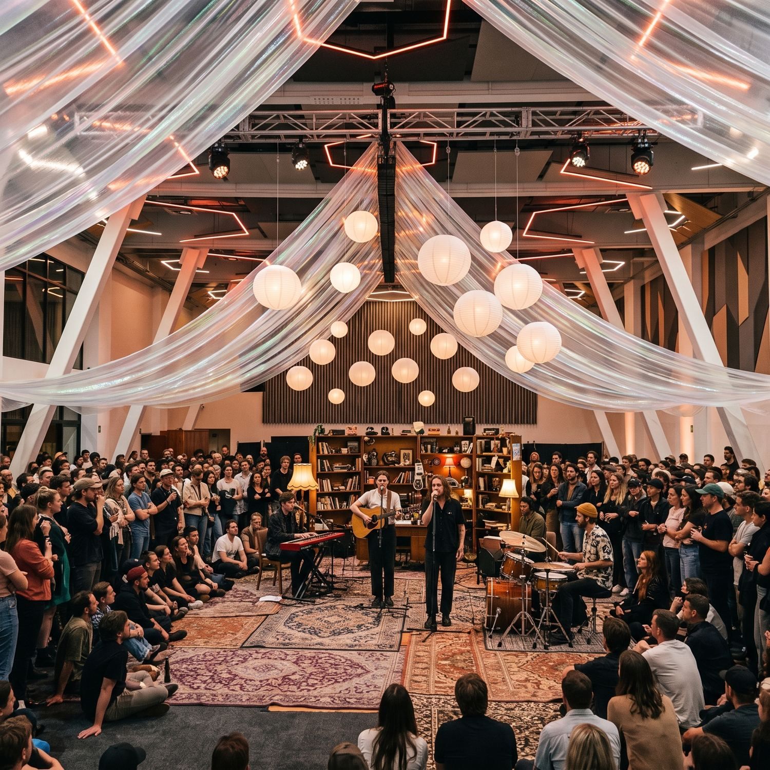 Concierto íntimo en el Salón Grand con telas iridiscentes, lámparas de papel y tapetes