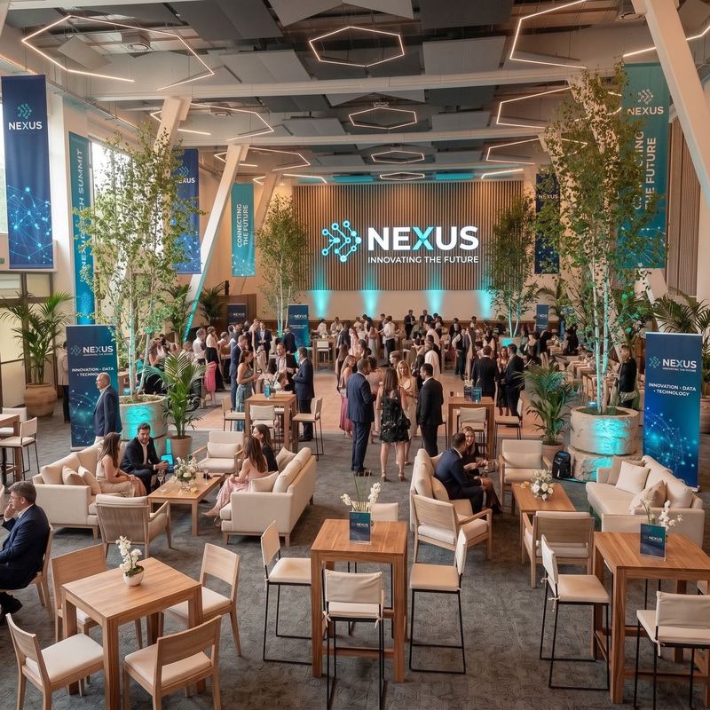 Evento corporativo con lounge, mesas altas, árboles y escenografía de marca