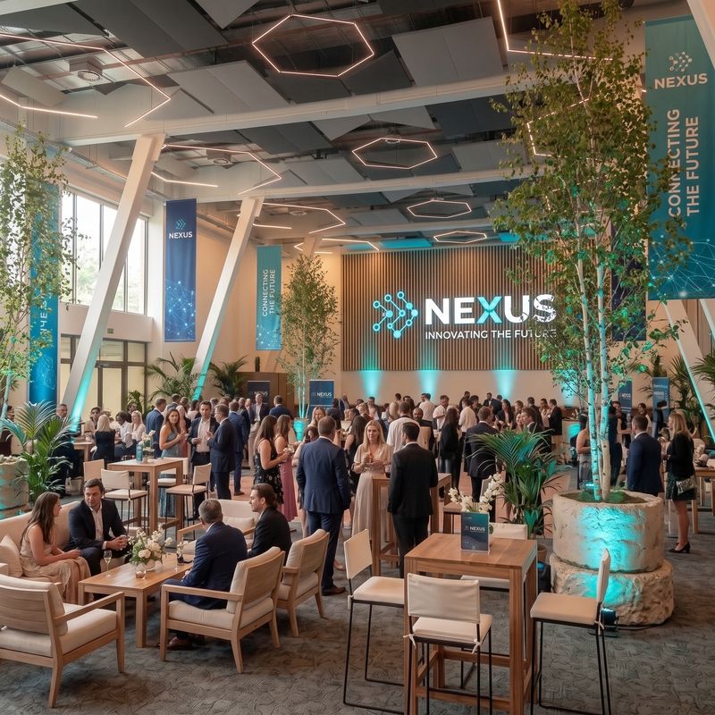 Cóctel corporativo con invitados, salas lounge y banners de marca