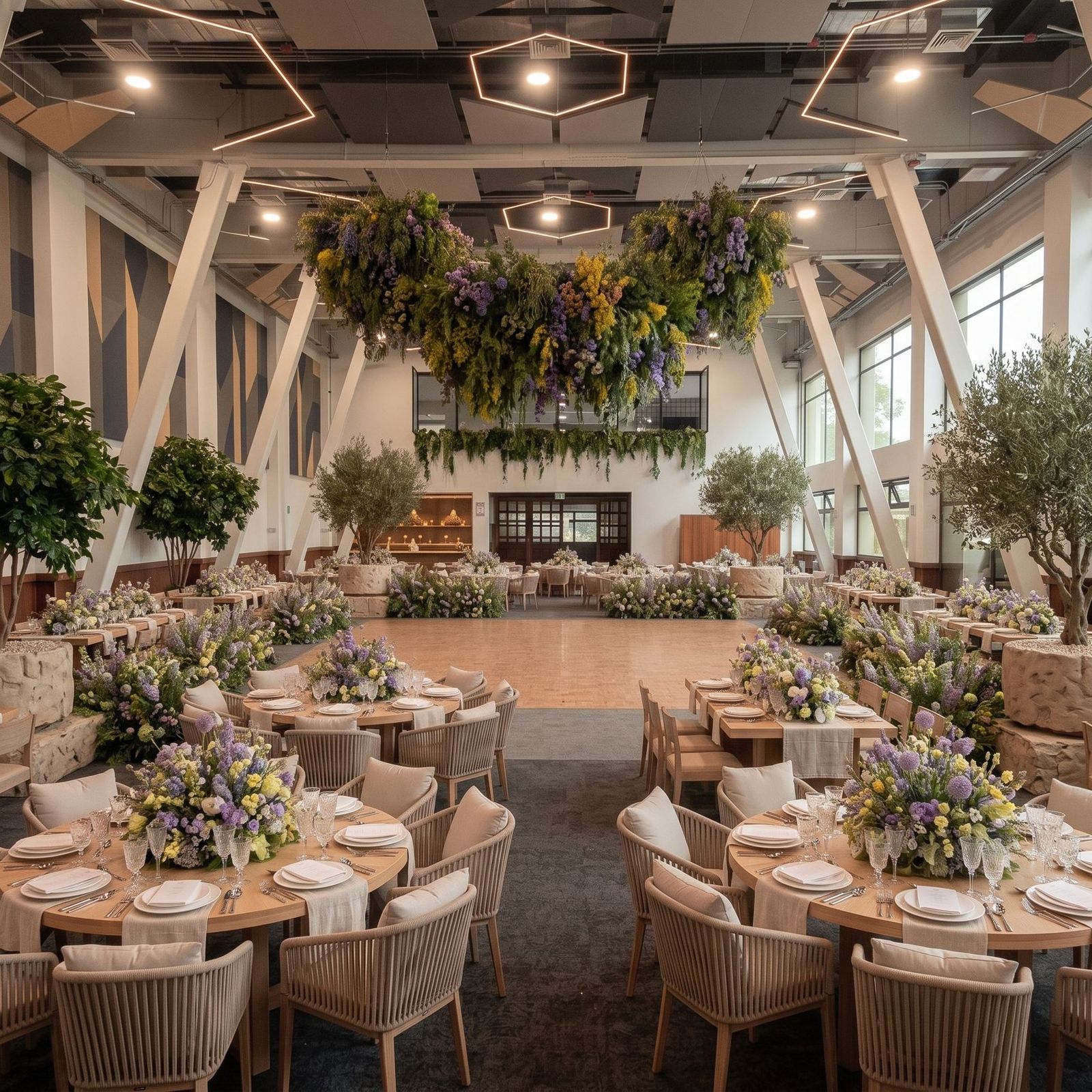 Salón Grand montado con olivos, flores lilas y amarillas y sillas de ratán