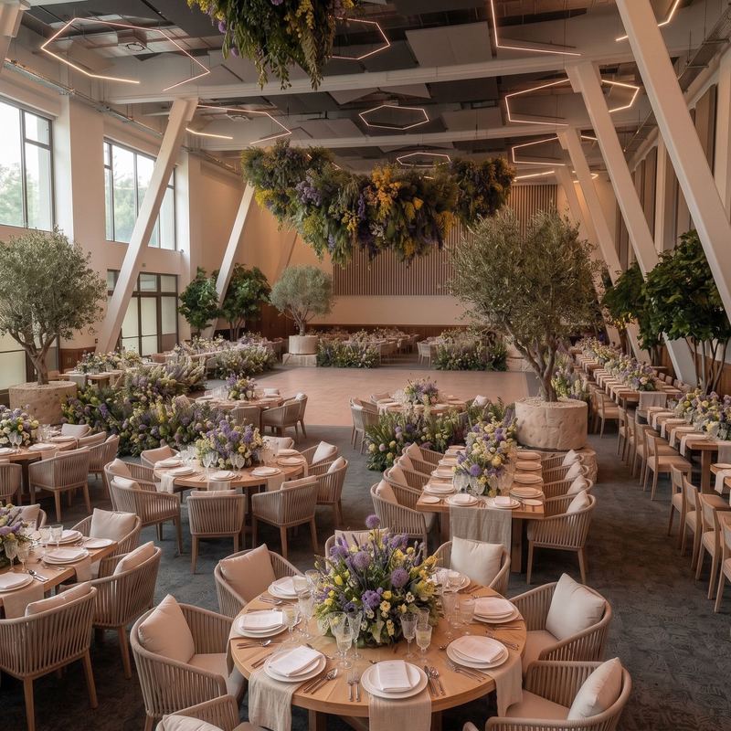 Vista general del Salón Grand con mesas redondas, olivos y pista de baile